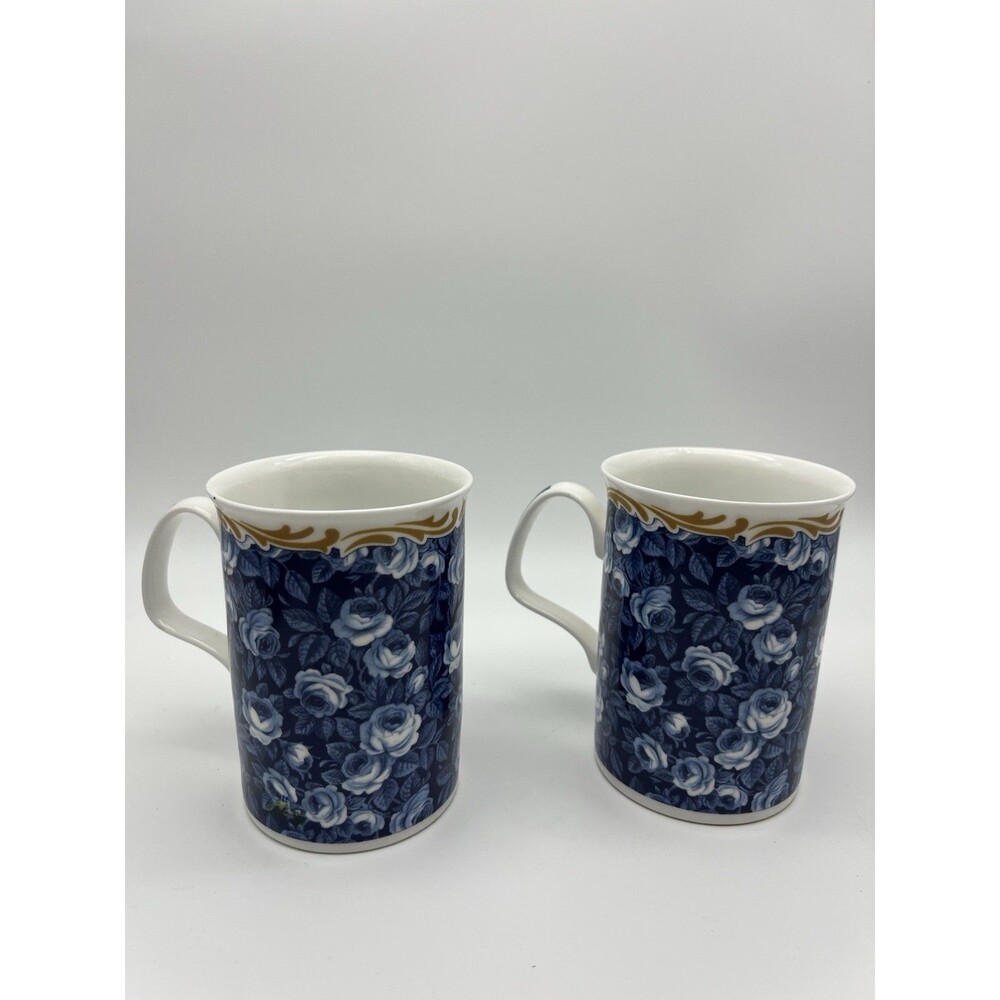 Roy Kirkham Rose Chintz Coffee Mugs Blue Floral, Bone China, Set of 2